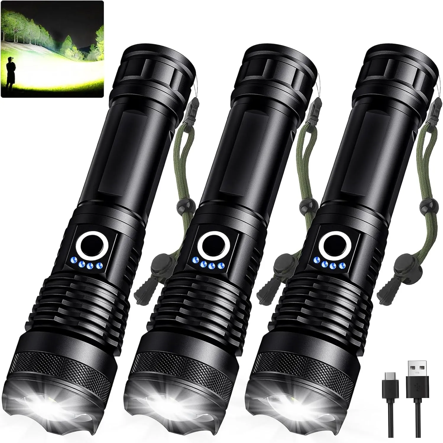 3 Pack Rechargeable LED Flashlights High Lumens, 990,000LM Super Bright Flashlight, Adjustable 5 Modes Powerful Flash Light with USB Cable, Waterproof Handheld Flashlight for Home Camping Emergencies