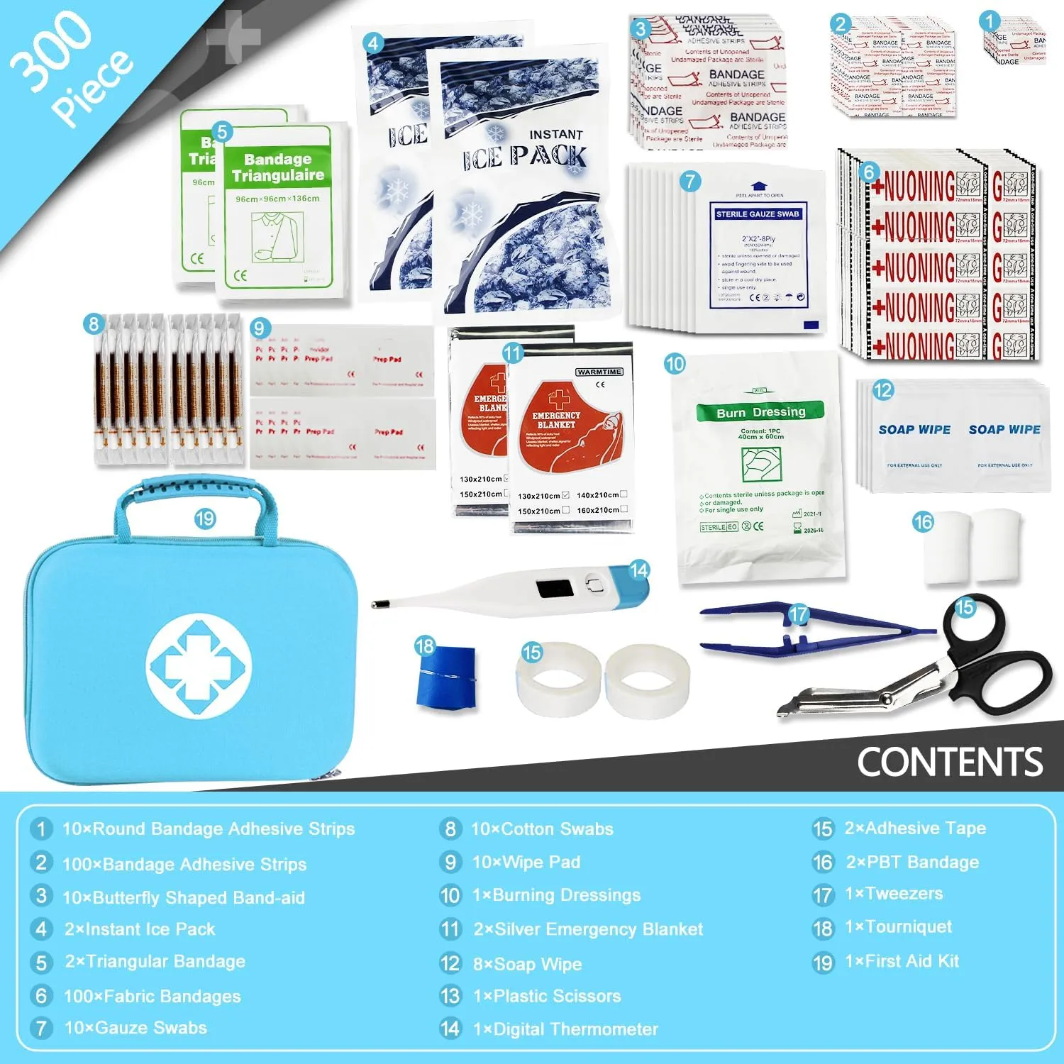 300PCS Home First Aid Kit for Hiking Car Home Emergency Kit First Aid Handheld Bag Multiple Purpose Case Outdoor Backpacking Gear for Disaster Preparedness Blue