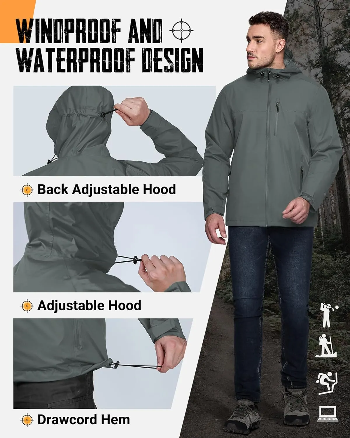 33,000ft Men's Packable Rain Jacket Lightweight Rain Shell Jacket with Hood Waterproof Raincoat for Cycling