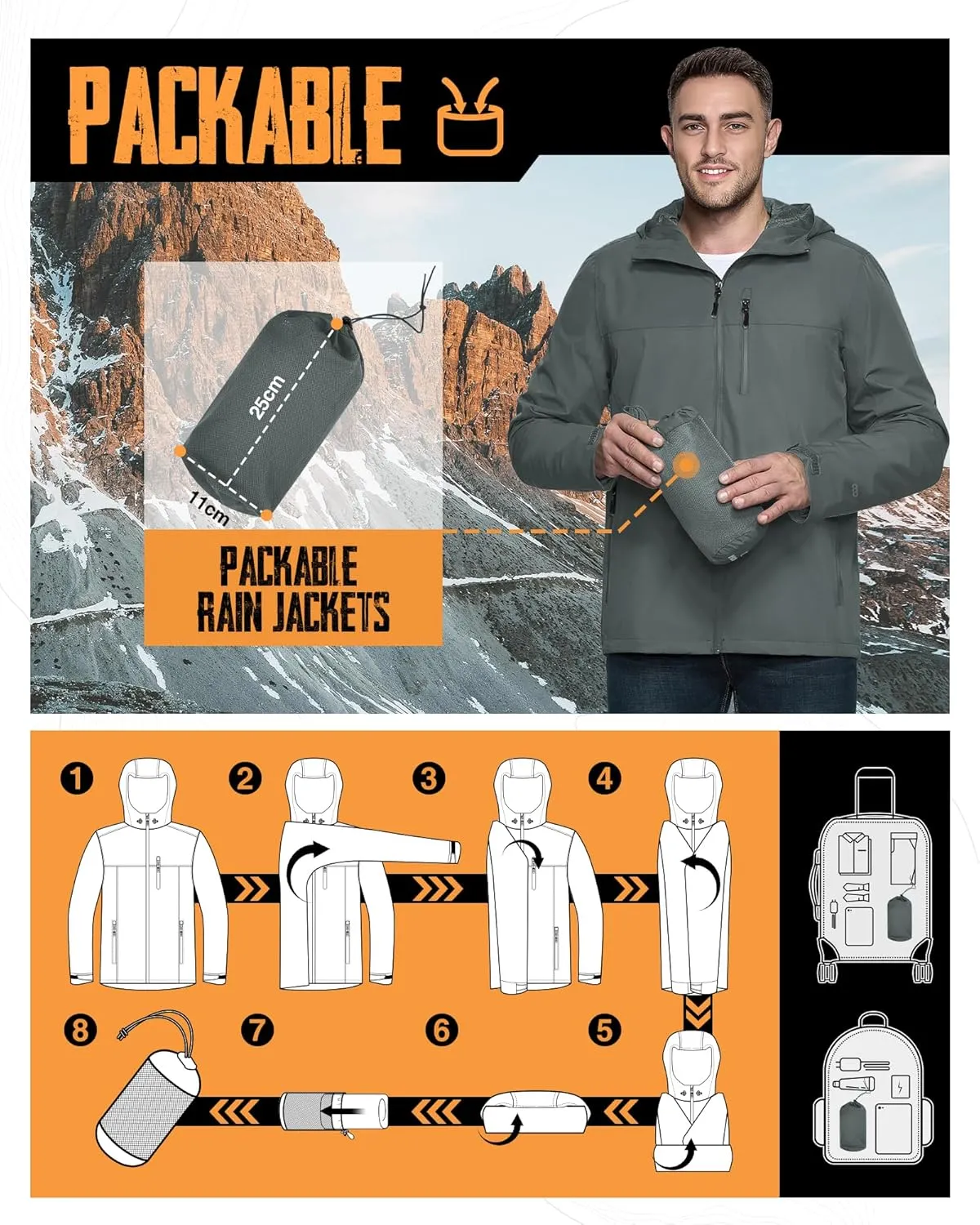 33,000ft Men's Packable Rain Jacket Lightweight Rain Shell Jacket with Hood Waterproof Raincoat for Cycling