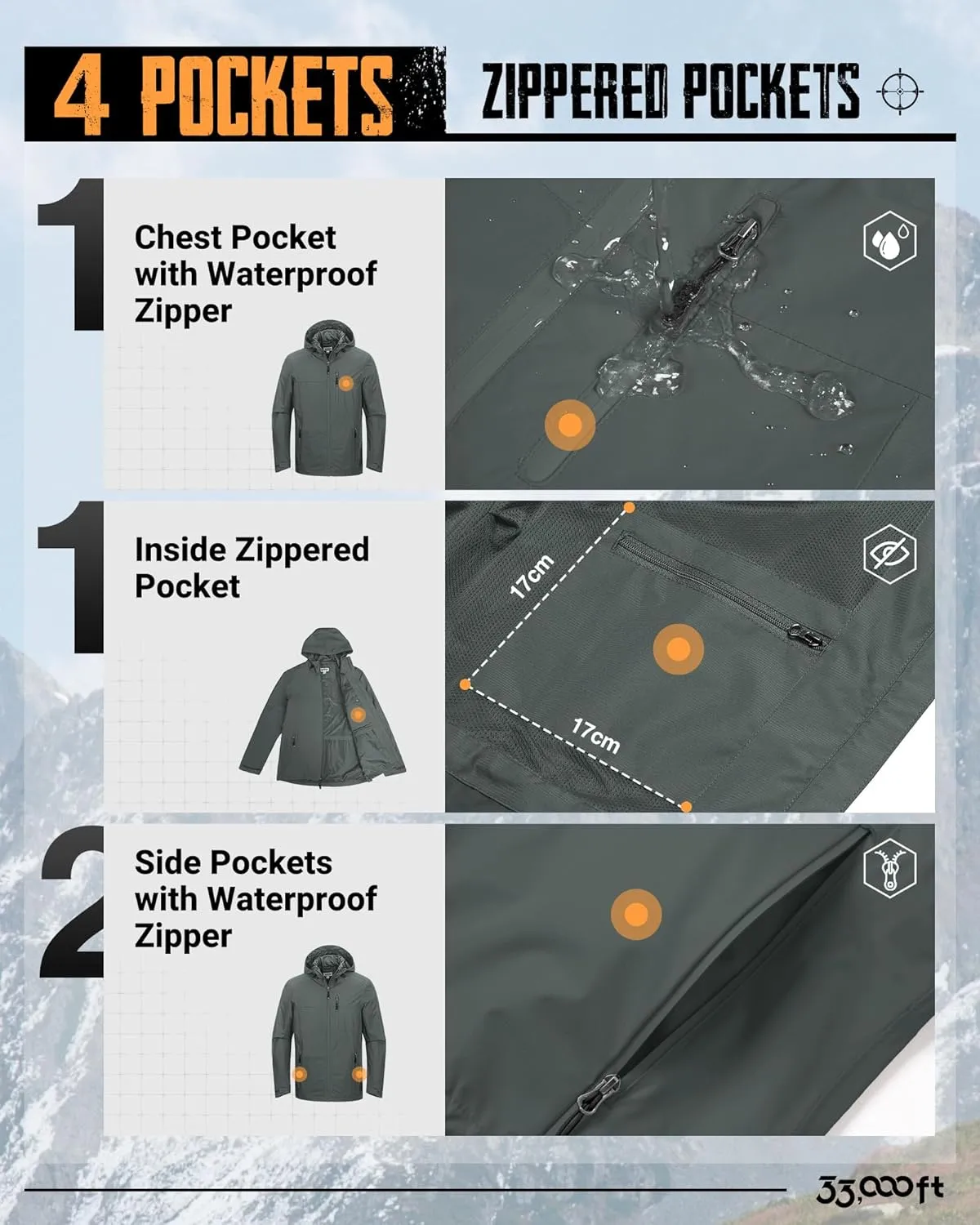 33,000ft Men's Packable Rain Jacket Lightweight Rain Shell Jacket with Hood Waterproof Raincoat for Cycling