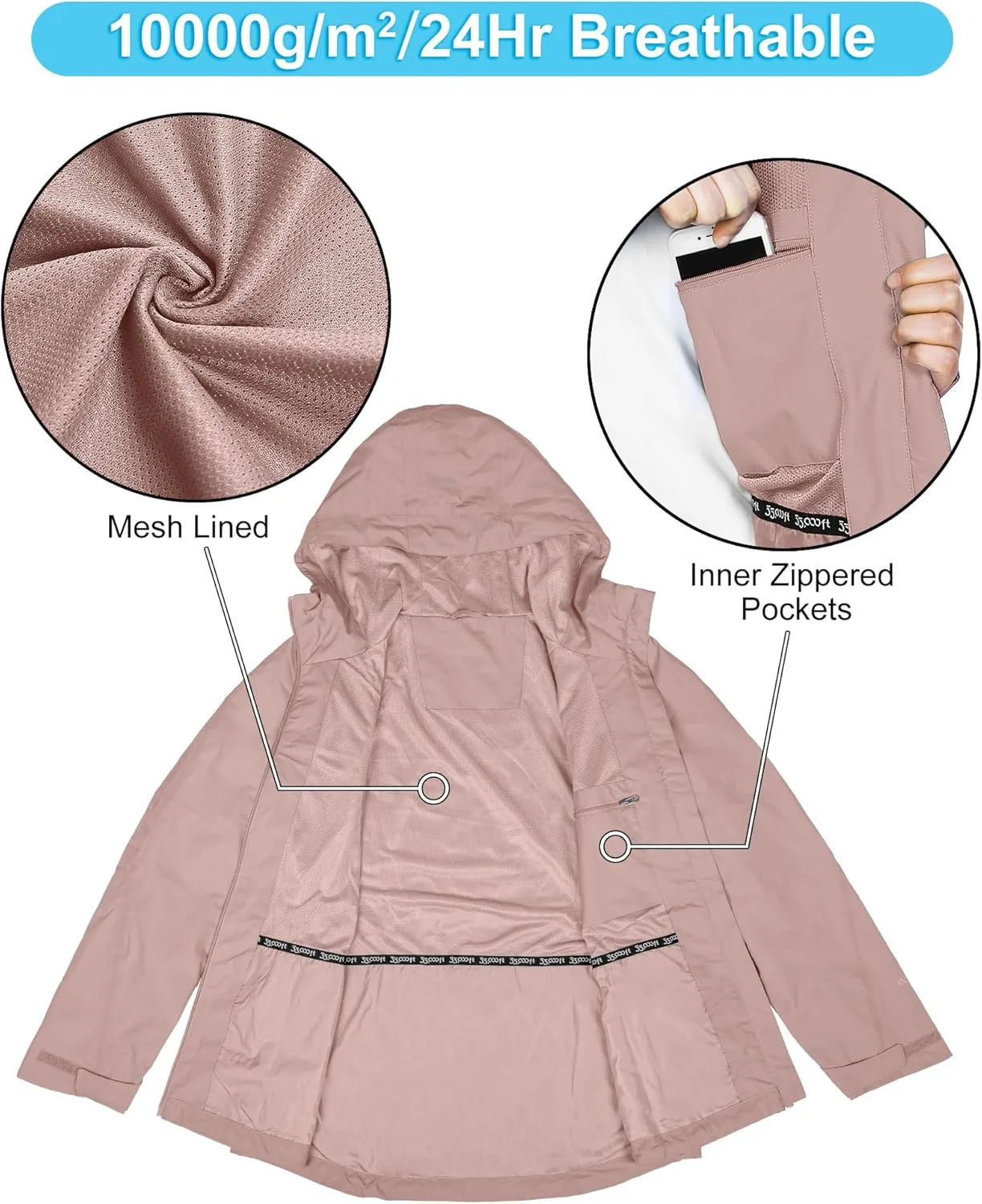 33,000ft Packable Rain Jacket Women Lightweight Waterproof Raincoat with Hood Cycling Bike Jacket Windbreaker