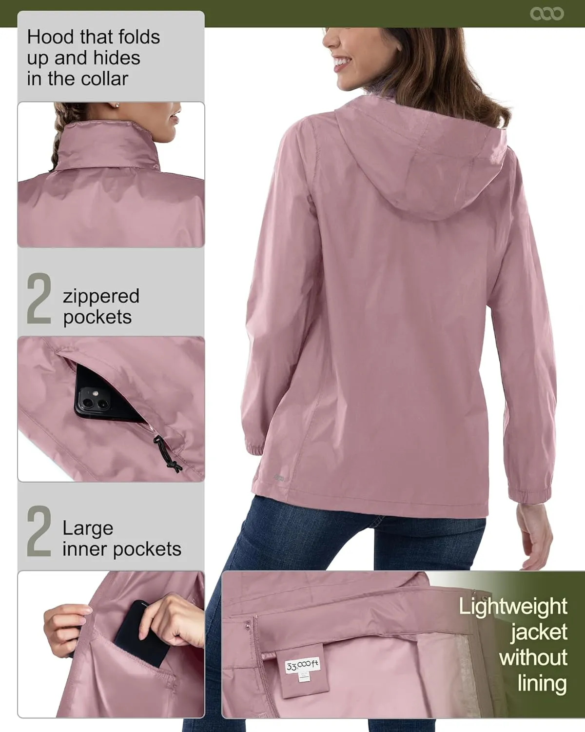 33,000ft Women's Rain Jacket Waterproof Lightweight Packable Raincoat with Hood for Golf Hiking Travel Windbreaker