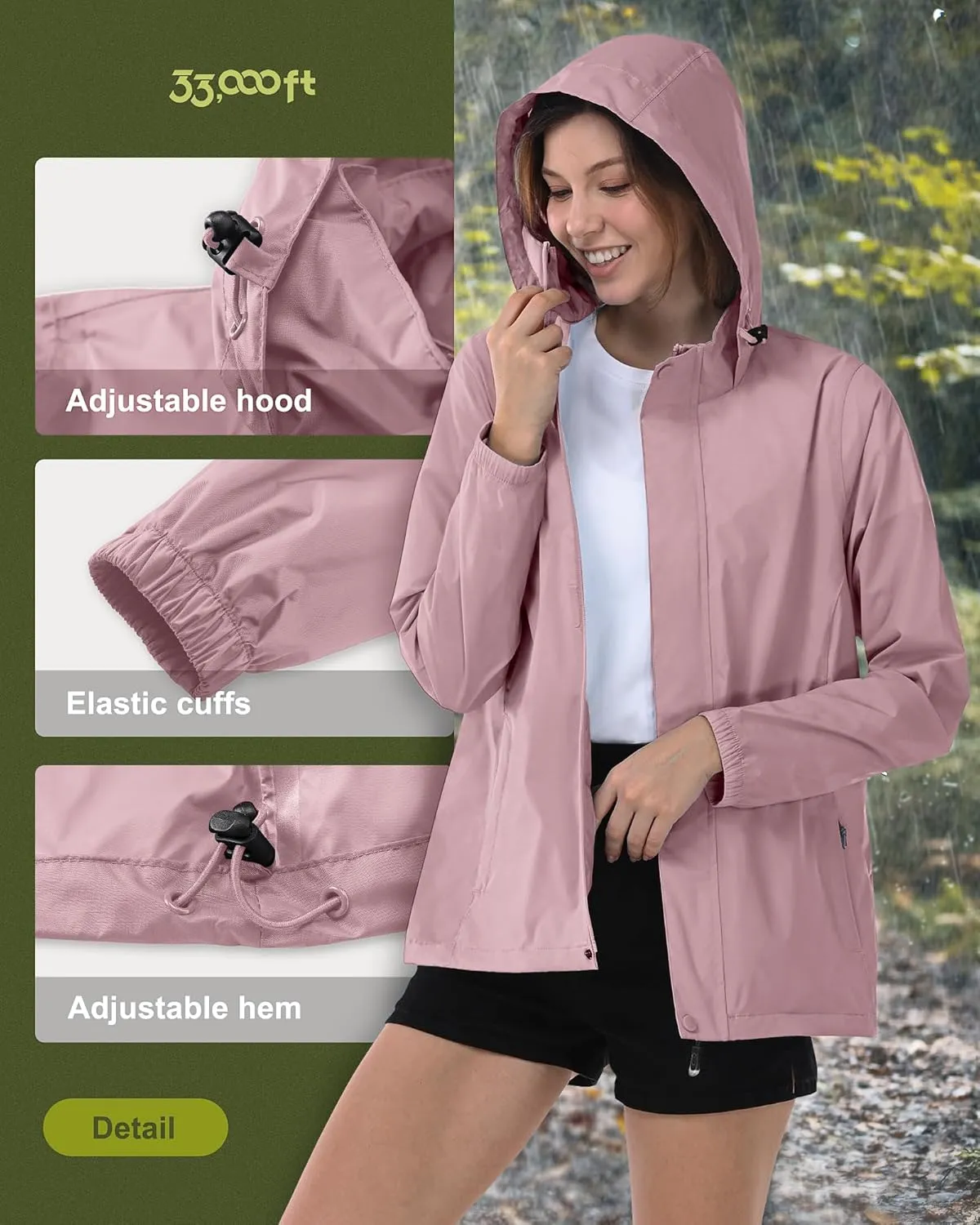 33,000ft Women's Rain Jacket Waterproof Lightweight Packable Raincoat with Hood for Golf Hiking Travel Windbreaker