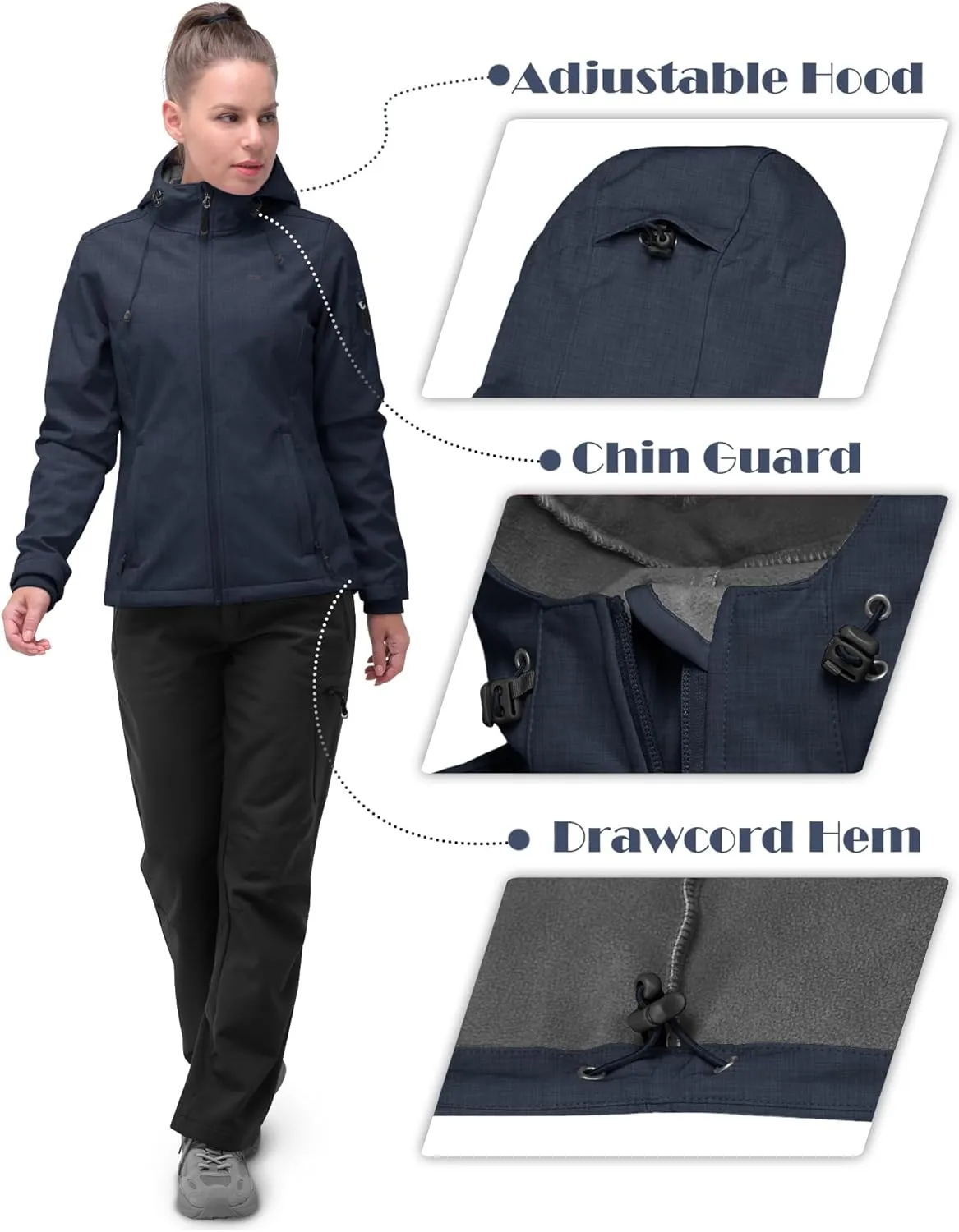 33,000ft Women's Softshell Jacket, Fleece Lined Warm Jacket Light Hooded Windproof Coat for Outdoor Hiking