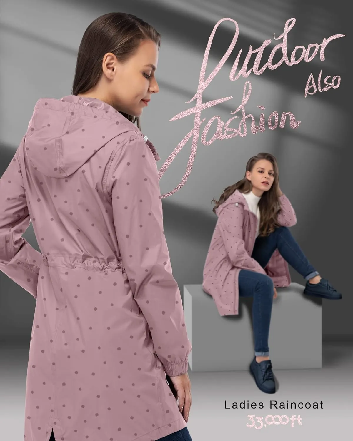 33,000ft Women's Waterproof Long Rain Coats Packable Rain Jacket with Hood Trench Coats Windbreaker