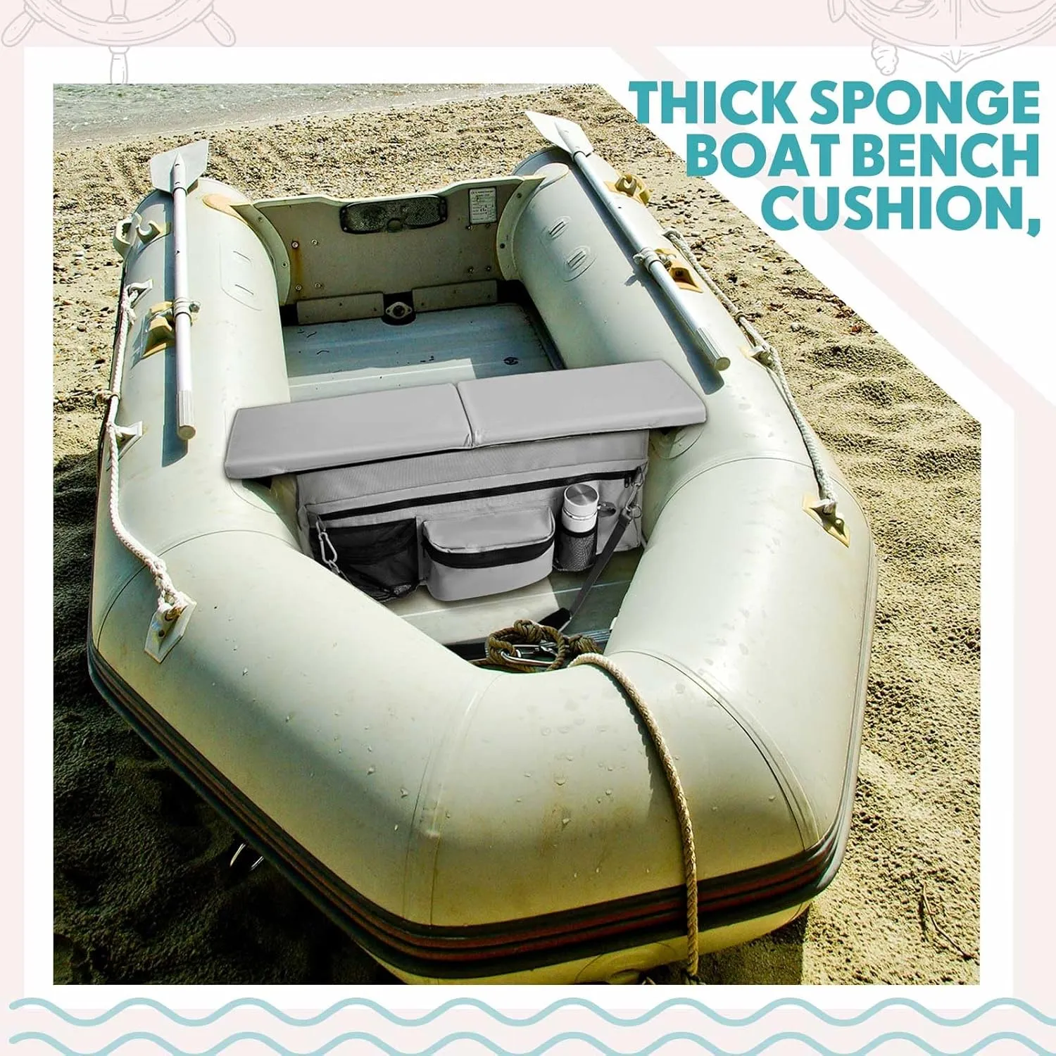 35 x 14 Inch Dinghy Boat Seat Cushion and Underseat Storage Bag with Pockets Grey Thick Sponge Seat Bench Cushion for Inflatable Boat Water Resistant Outdoor
