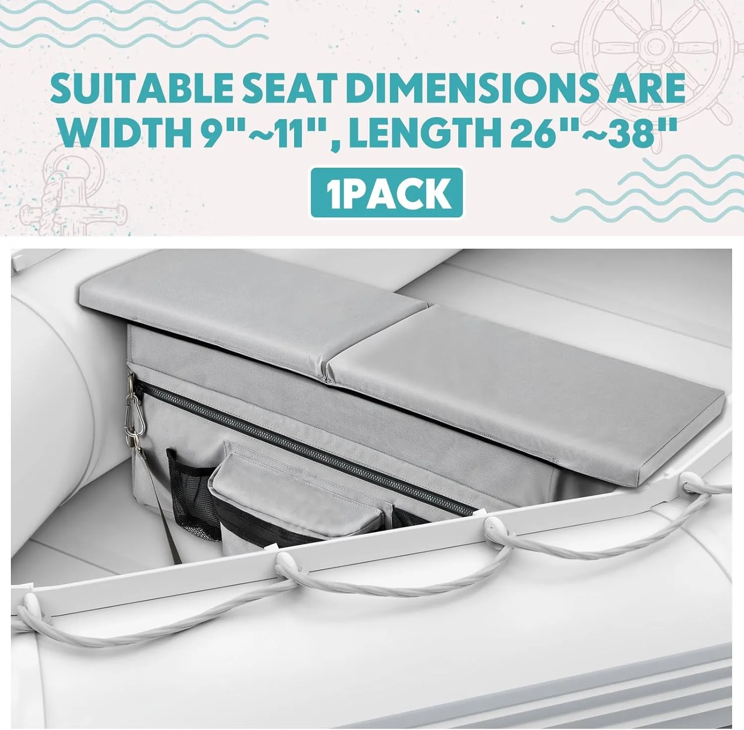 35 x 14 Inch Dinghy Boat Seat Cushion and Underseat Storage Bag with Pockets Grey Thick Sponge Seat Bench Cushion for Inflatable Boat Water Resistant Outdoor