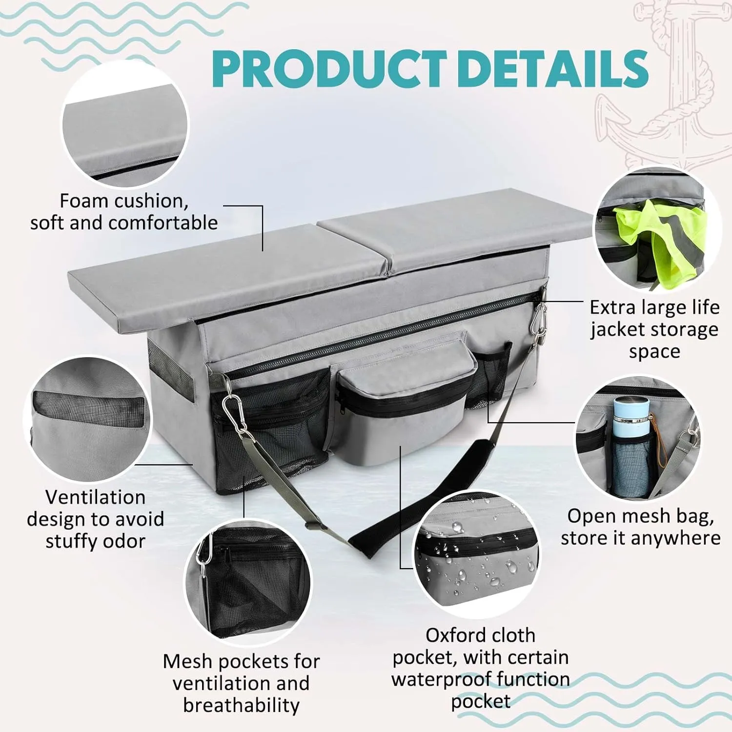 35 x 14 Inch Dinghy Boat Seat Cushion and Underseat Storage Bag with Pockets Grey Thick Sponge Seat Bench Cushion for Inflatable Boat Water Resistant Outdoor