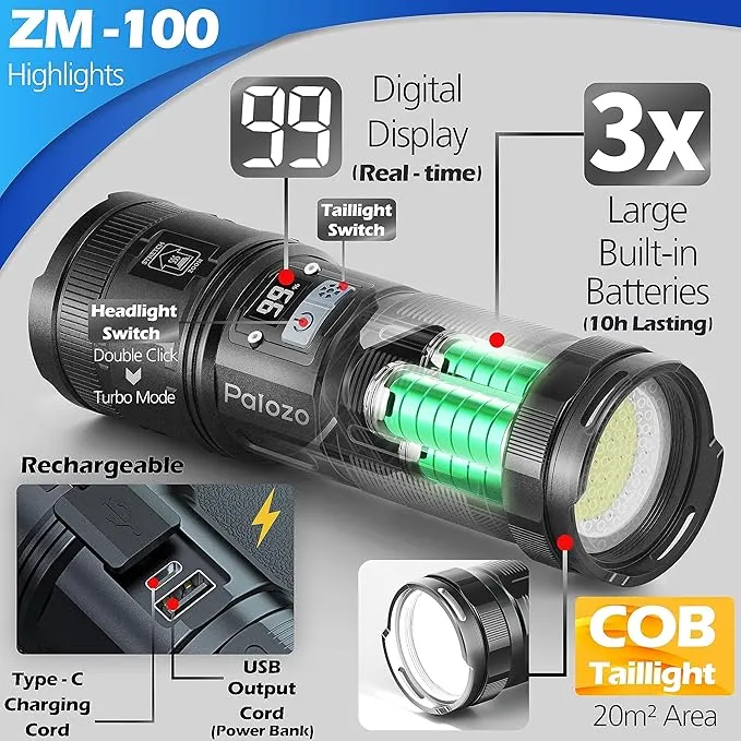3500-Lumen 'Turbo Mode' & Dual Light Pro-Flashlight with Digital Display Ultra Bright Zoomable Tactical Rechargeable High Powered LED Handheld Flashlight High lumen for Camping, Hiking