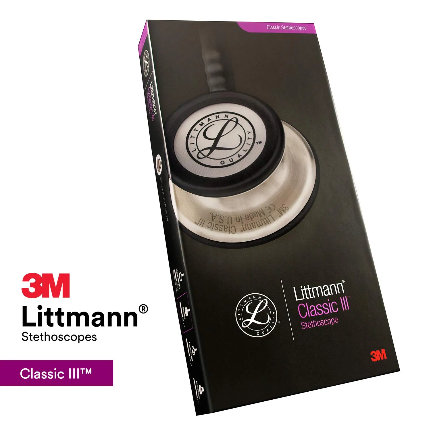3M Littmann Classic III Monitoring Stethoscope, 5806, More Than 2X as Loud, Weighs Less, Stainless Steel Rainbow-Finish Chestpiece, 27' Raspberry Tube, Brass Stem and Headset