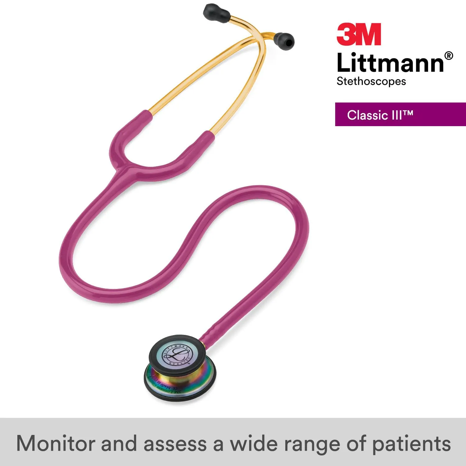 3M Littmann Classic III Monitoring Stethoscope, 5806, More Than 2X as Loud, Weighs Less, Stainless Steel Rainbow-Finish Chestpiece, 27' Raspberry Tube, Brass Stem and Headset