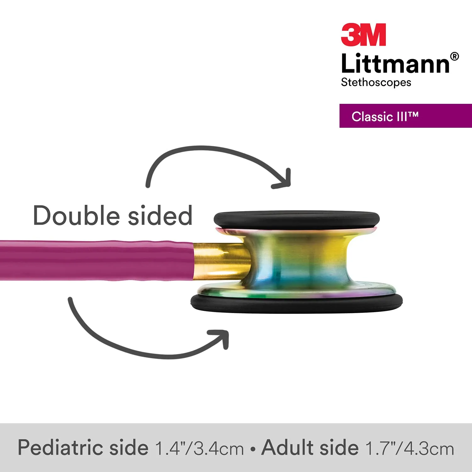 3M Littmann Classic III Monitoring Stethoscope, 5806, More Than 2X as Loud, Weighs Less, Stainless Steel Rainbow-Finish Chestpiece, 27' Raspberry Tube, Brass Stem and Headset