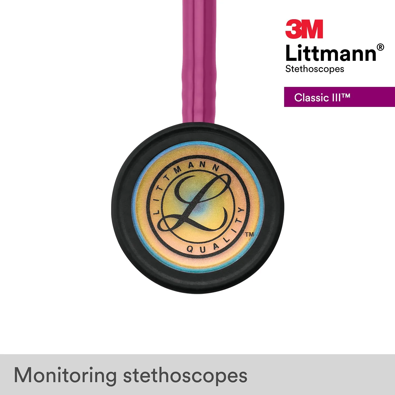 3M Littmann Classic III Monitoring Stethoscope, 5806, More Than 2X as Loud, Weighs Less, Stainless Steel Rainbow-Finish Chestpiece, 27' Raspberry Tube, Brass Stem and Headset