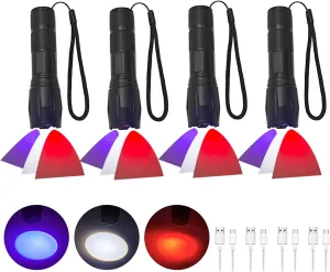 4 Pack LED Rechargeable Flashlight, LED Small Flashlight with Memory Function, Super Bright Zoomable Red Light 395 NM Black Lights Flashlights with USB C Charging for Camping Hiking Home