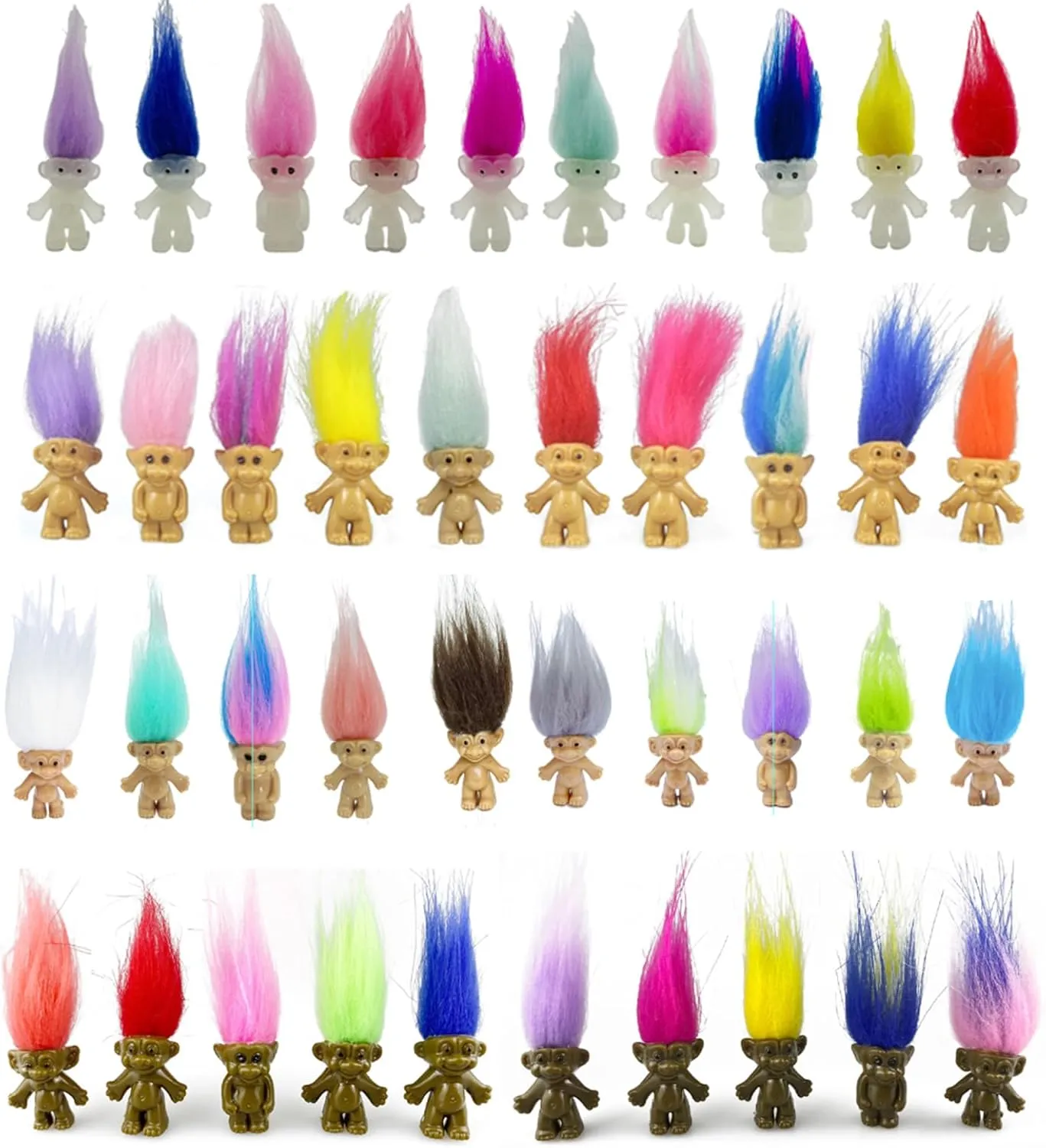 40pcs Luminous Mini Troll Dolls Glow in The Dark Vintage Action Figures Lucky Troll Dolls 1.2" Bodies, 2.3" Hair. Cake Toppers School Project, Arts and Crafts (40pcs)