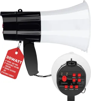 5Core Megaphone Bullhorn Speaker 30W Professional Bull Horn Battery Power Cheer Megafono 800 Yard Range Loudspeaker w Siren LED Light Recording Ergonomic Handle for Coaches Football Baseball - 148 LED