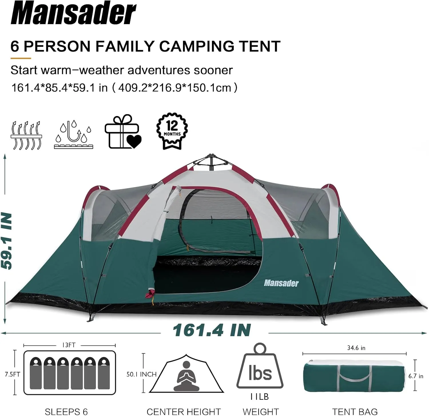 6 Person Family Camping Tent,Waterproof Windproof with Top Rainfly,Easy Set Up,Pop Up Tent for Outdoor Camping Hiking Trave