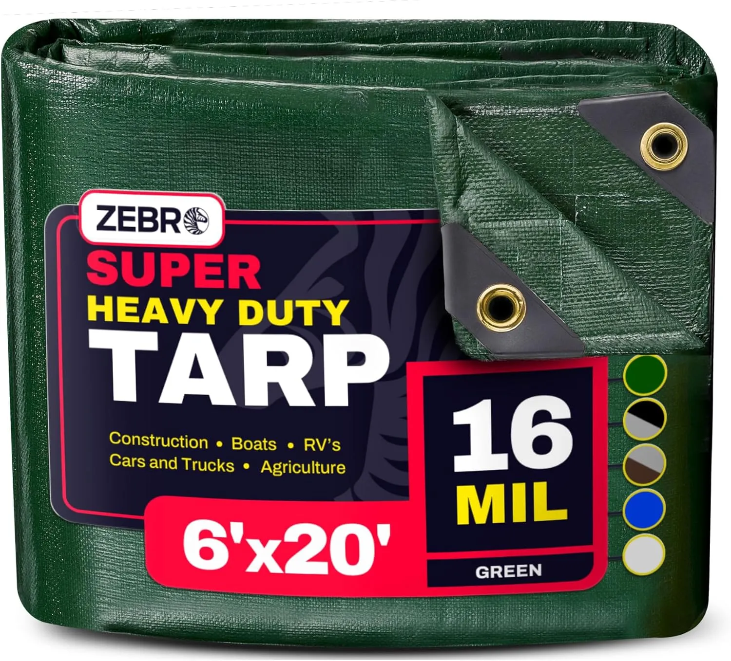 6' x 20' Green Heavy Duty Tarp with Grommets Reinforced - 16 Mil Thick - Double Sided Plastic Tarps Waterproof - Large Tarpaulin Cover for Outdoor Camping Over/Under Tent Tarp RV Roof Rain - Zebro
