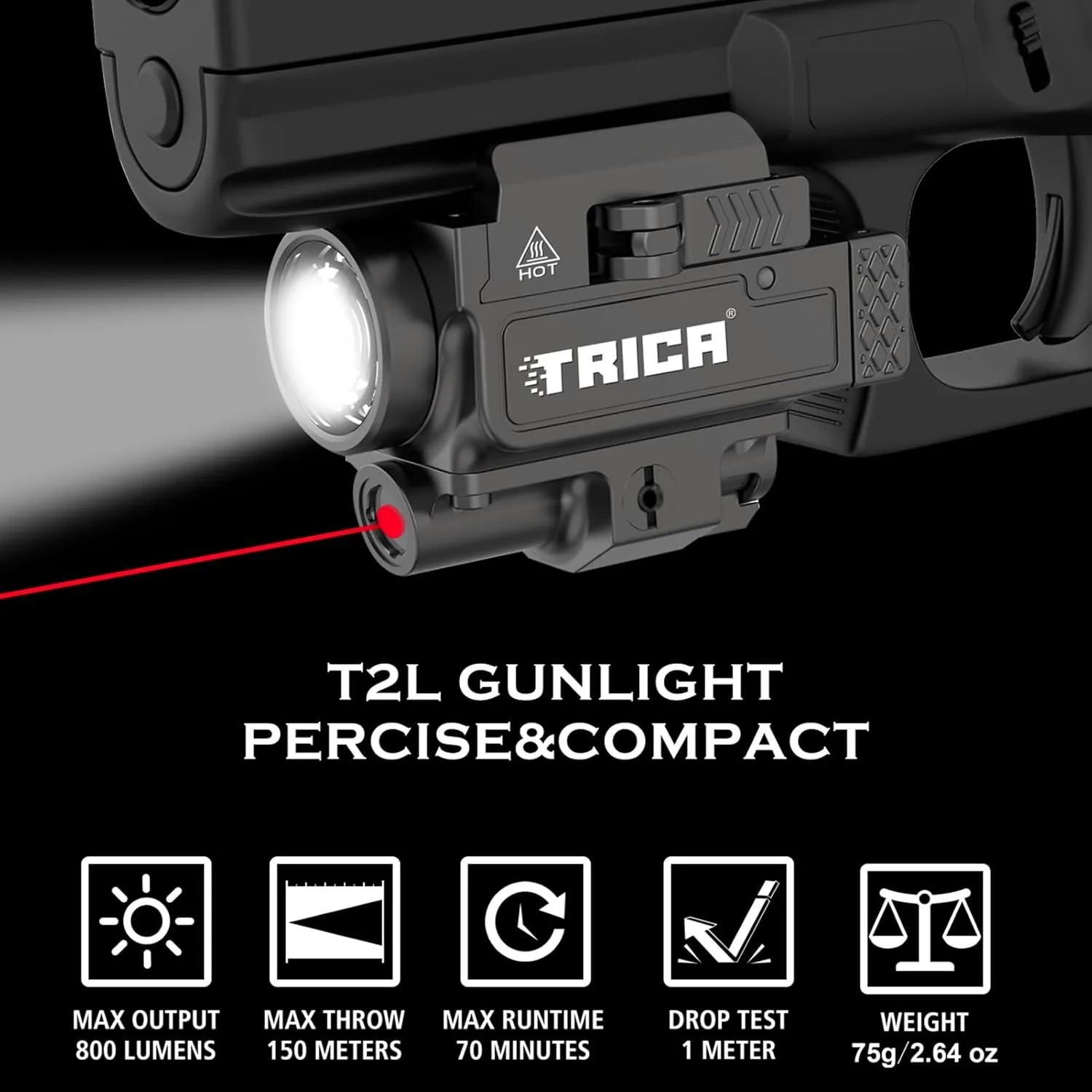 800-Lumen Compact Pistol Light with Green Laser, Strobe & Quick Detach, USB Rechargeable, Compatible with GL or Picatinny Rail