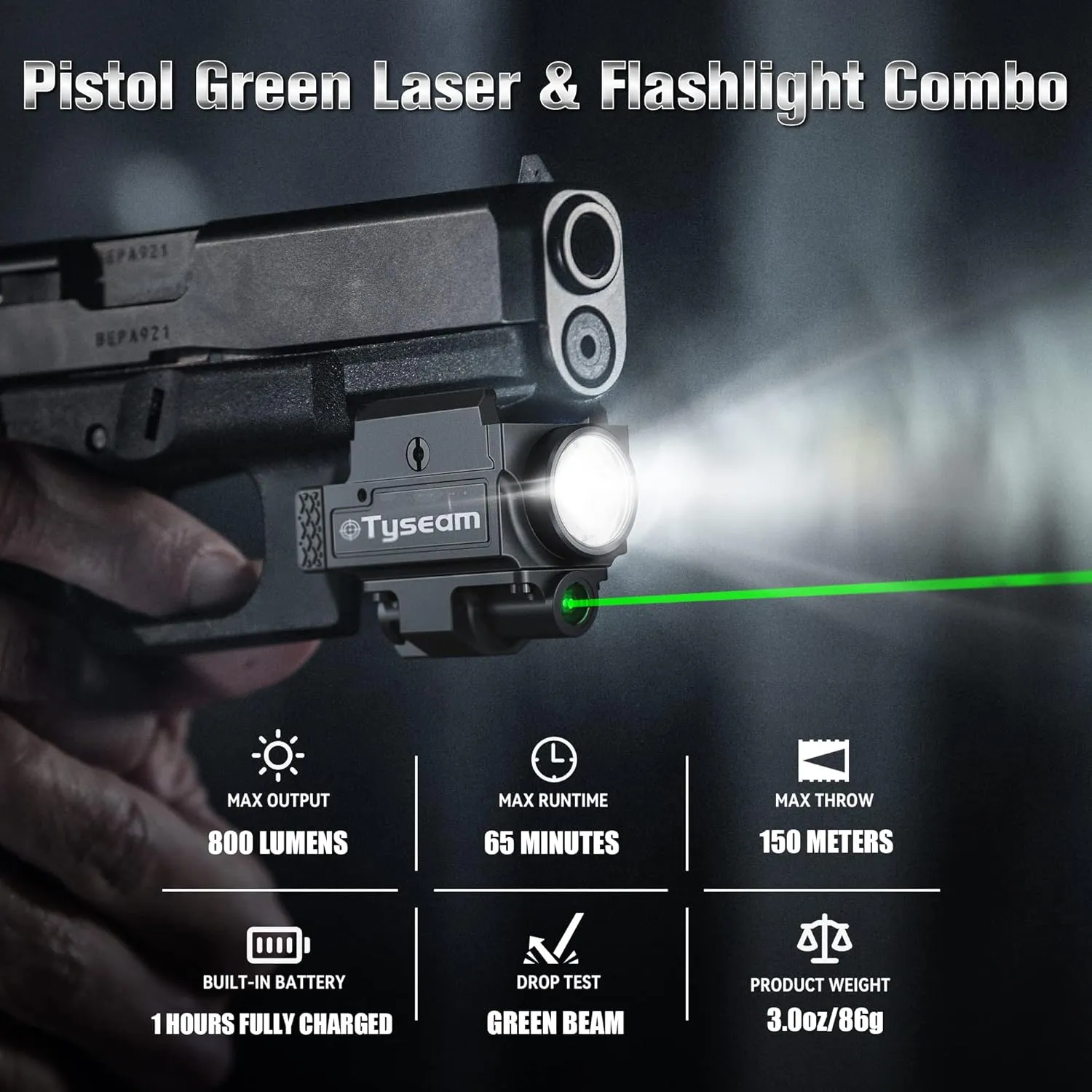 800 Lumens Compact Pistol Light Green Laser Combo, Bright Tactical Pistol Flashlight for Handgun with Picatinny or GL Rail, White LED Weapon Light for Glock with Green Beam, Rechargeable (Black)