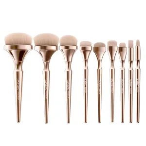 9Pcs Makeup Brushes Set Professional Blusher Liquid Blending Nose Stippling Brush Golden Cosmetic Brushes for Salon Home Travel