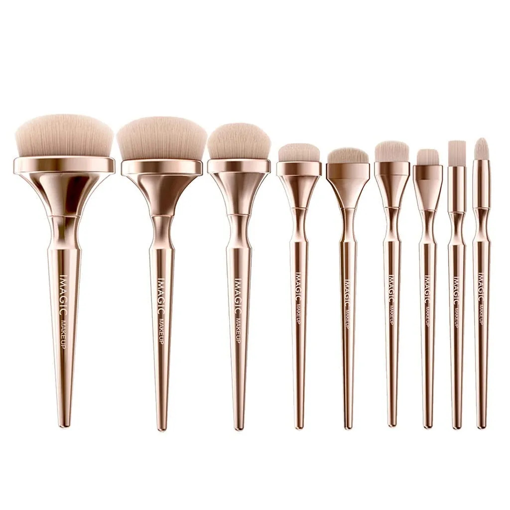 9Pcs Makeup Brushes Set Professional Blusher Liquid Blending Nose Stippling Brush Golden Cosmetic Brushes for Salon Home Travel
