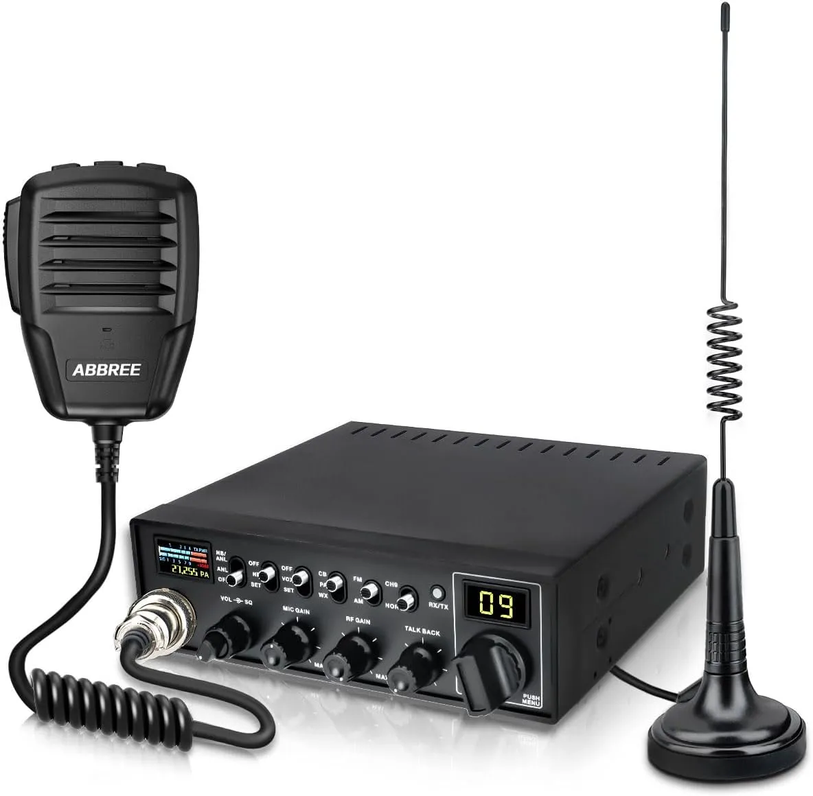 ABBREE CB Radio Kit AM/FM Professional Long Range Portable CB Radio with Magnetic Mount Antenna- Full 40 Channels,NOAA Emergency Radio,Instant Channel 9,Noise Reduction and SWR Calibration,Black