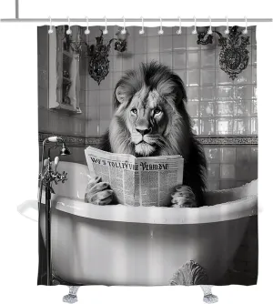 Abstract Lion Animal Shower Curtain Funny Lion in Bathtub Animals Print Jungle Shower Curtains Set Modern Funny Vintage Aesthetic Rustic Bathroom Decor with Hooks 72" W x 84" H