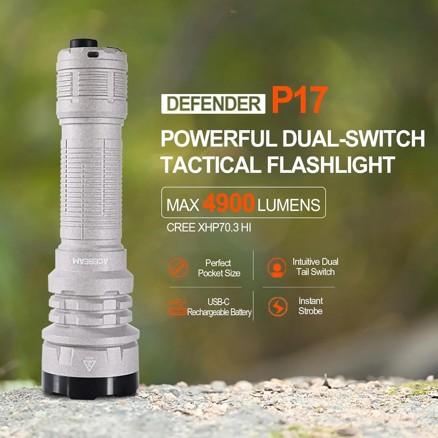 ACEBEAM Defender P17 Tactical Flashlight Dual Tail Switch 4900lm 487 Yards Long Range Throw Instant Activation & Strobe IP68 Waterproof Powerful Portable Small Cree XHP70.3 HI LED Flashlights (Mao)