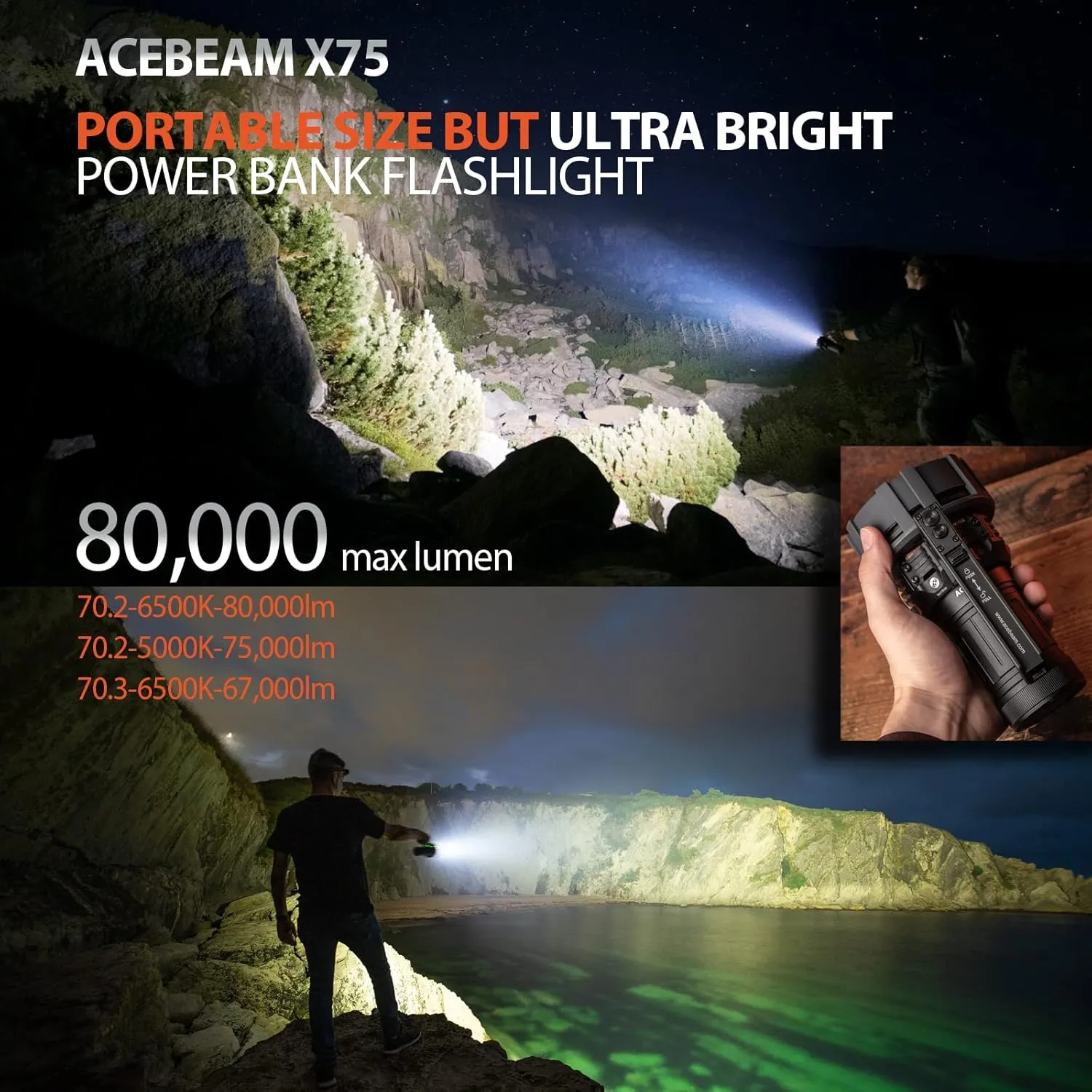 ACEBEAM X75 Brightest Flashlight 80,000 Lumens PD60W USB-C Fast Charging 1.5h Full Charge High Powered Flashlight CREE XHP70.2 LED Powerful Flashlights Detachable Cooling Fan Handheld Searchlight