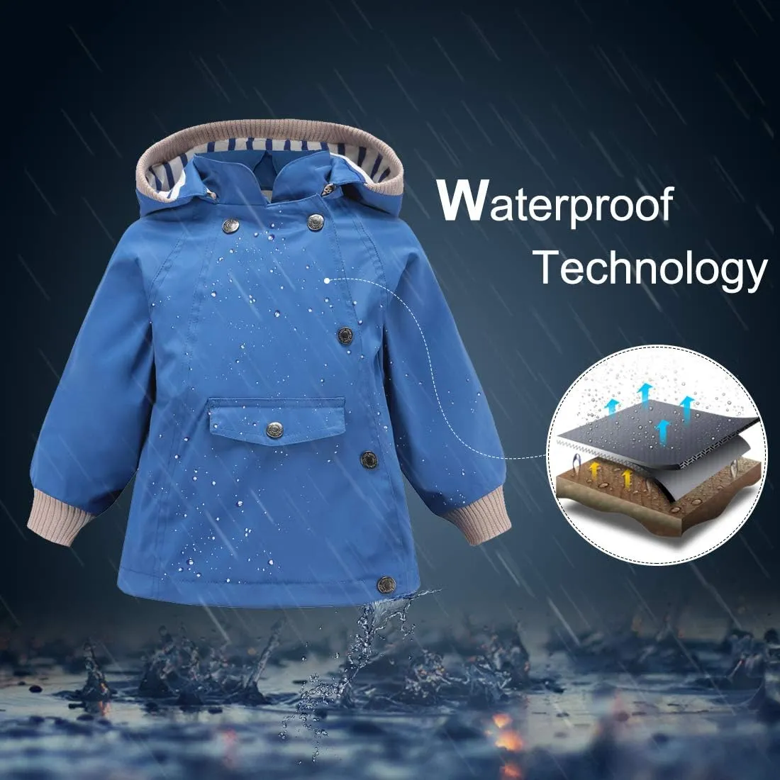 ACESTAR Boys Girls Waterproof Hooded Rain Jacket Kids Cotton Lined Rain Coat Toddler Windbreaker Spring Fall Raincoat