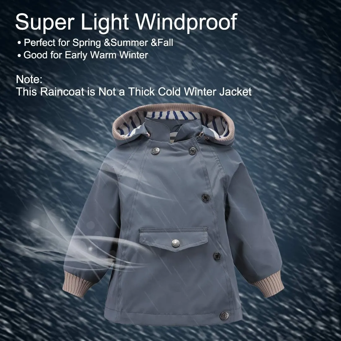 ACESTAR Boys Girls Waterproof Hooded Rain Jacket Kids Cotton Lined Rain Coat Toddler Windbreaker Spring Fall Raincoat