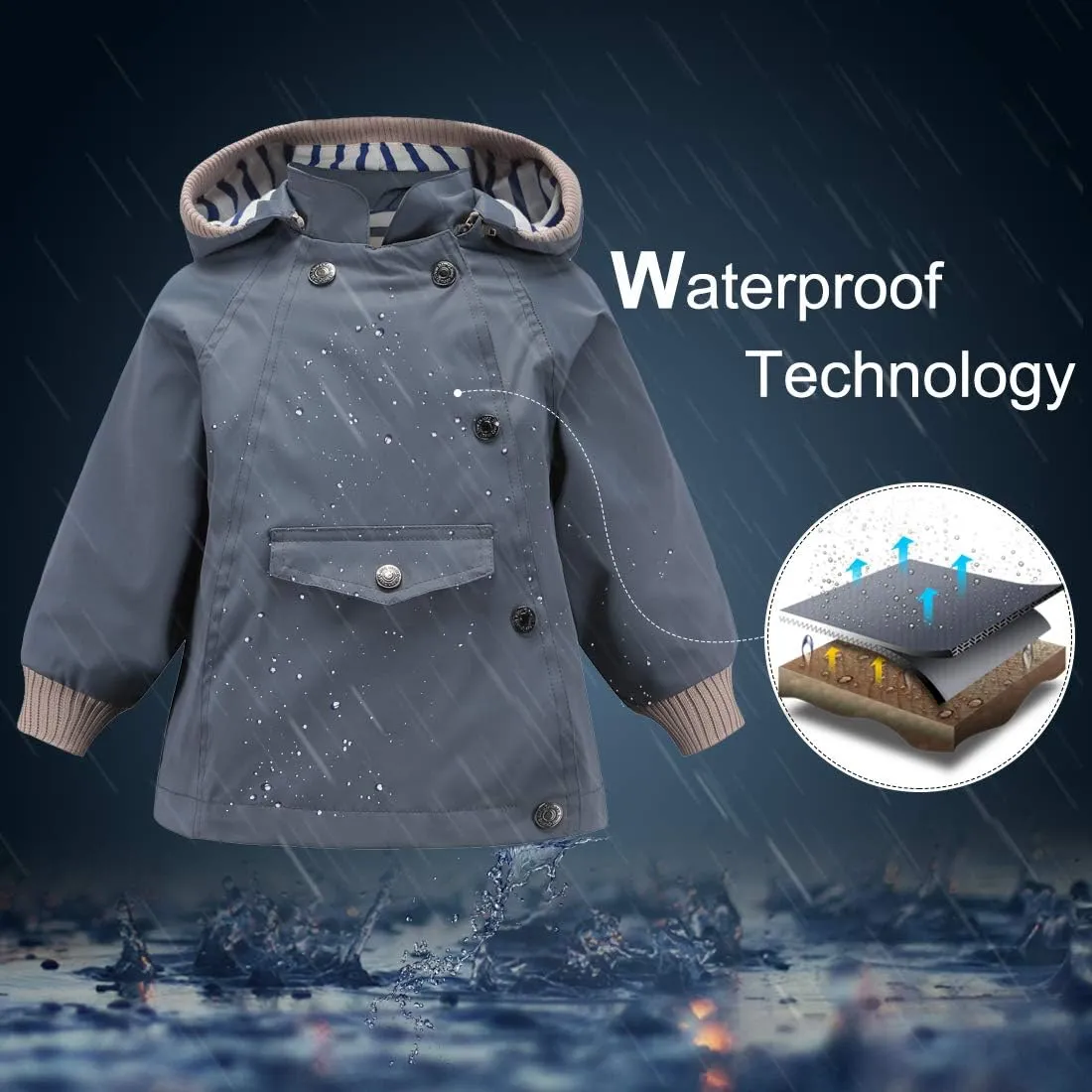 ACESTAR Boys Girls Waterproof Hooded Rain Jacket Kids Cotton Lined Rain Coat Toddler Windbreaker Spring Fall Raincoat