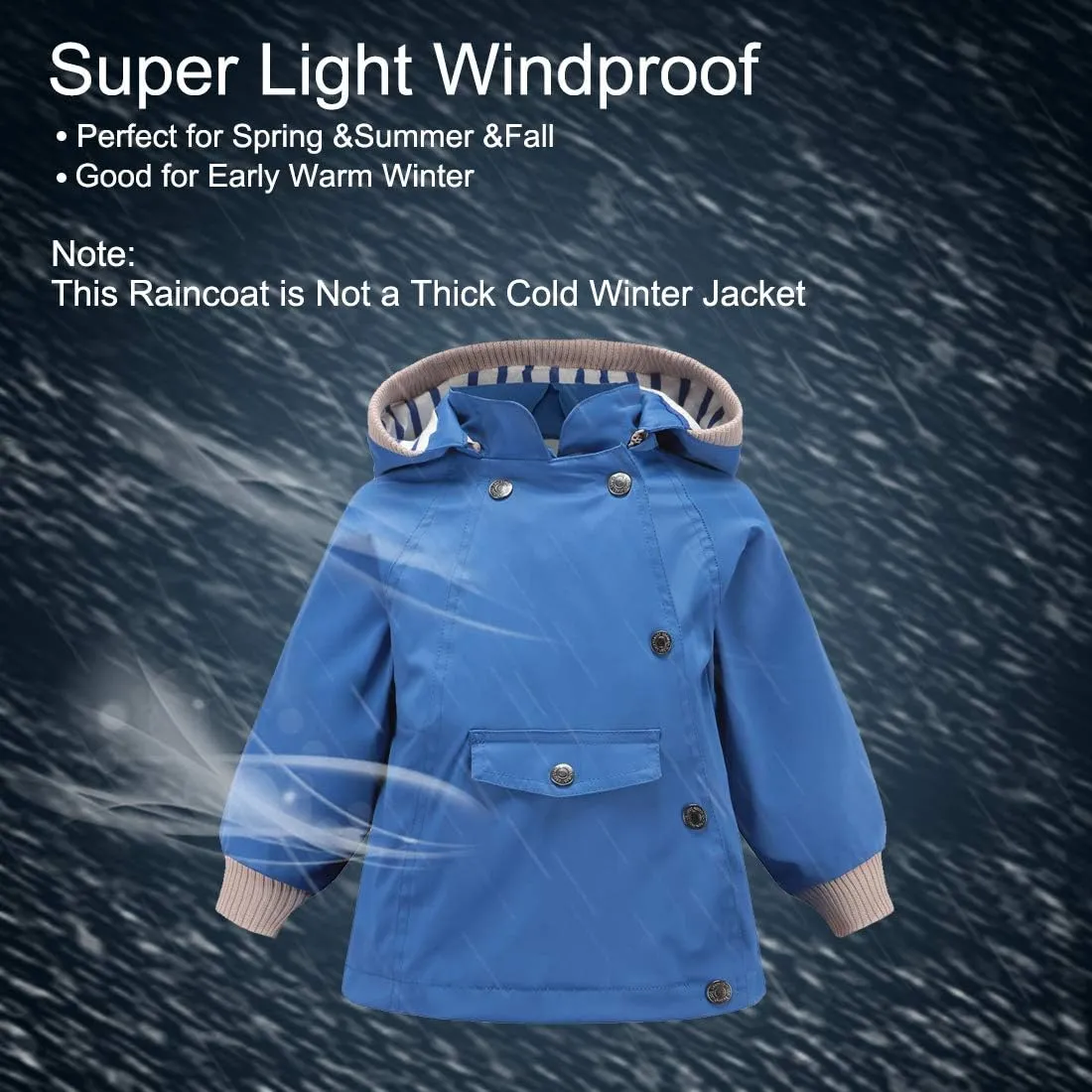 ACESTAR Boys Girls Waterproof Hooded Rain Jacket Kids Cotton Lined Rain Coat Toddler Windbreaker Spring Fall Raincoat