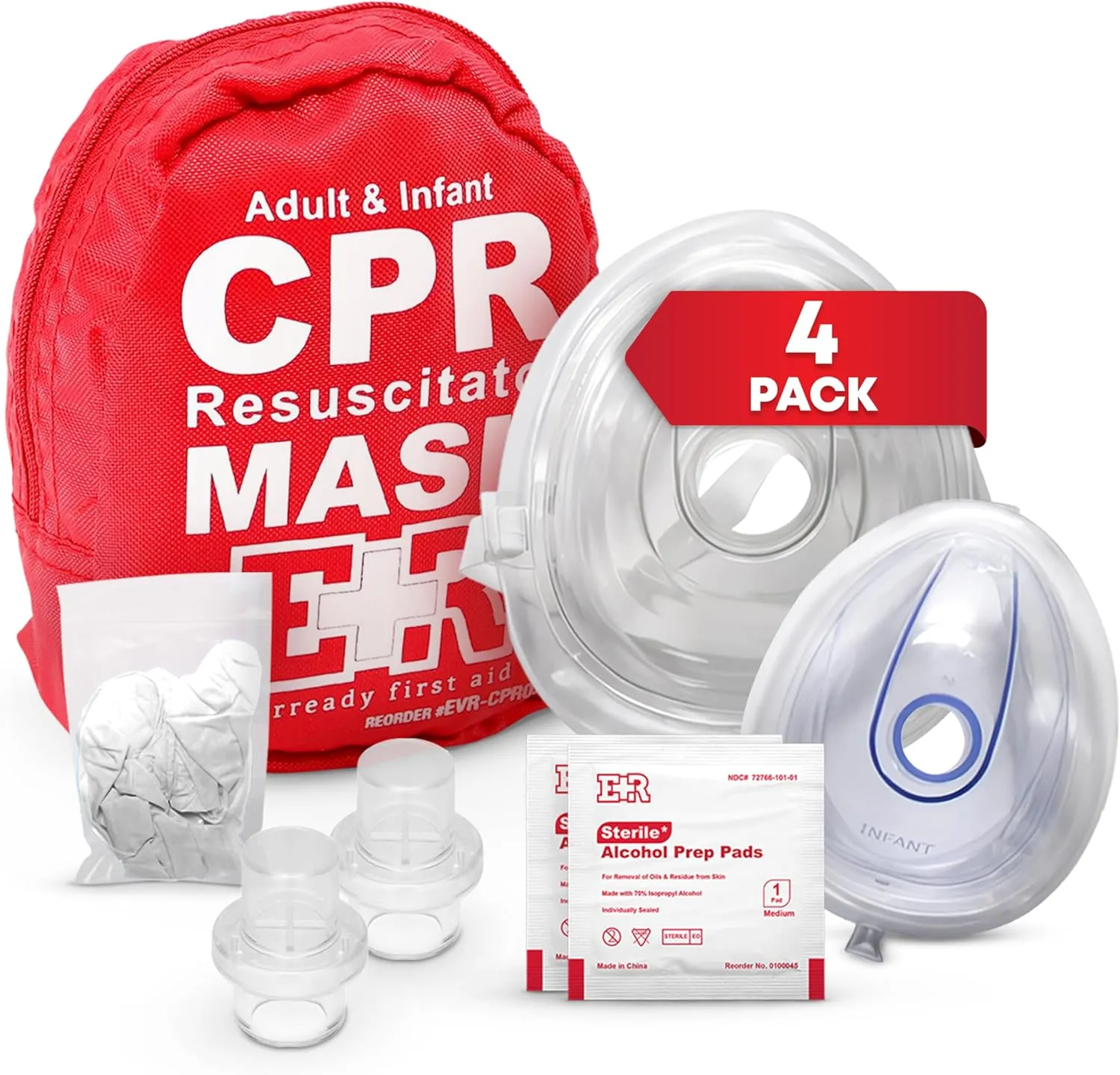 Adult and Infant CPR Mask Combo Kit – 4-Pack – 8 Valves, 4 Gloves, 8 Alcohol Pads – Latex-Free, Portable Pouch for First Responders – FSA/HSA Eligible