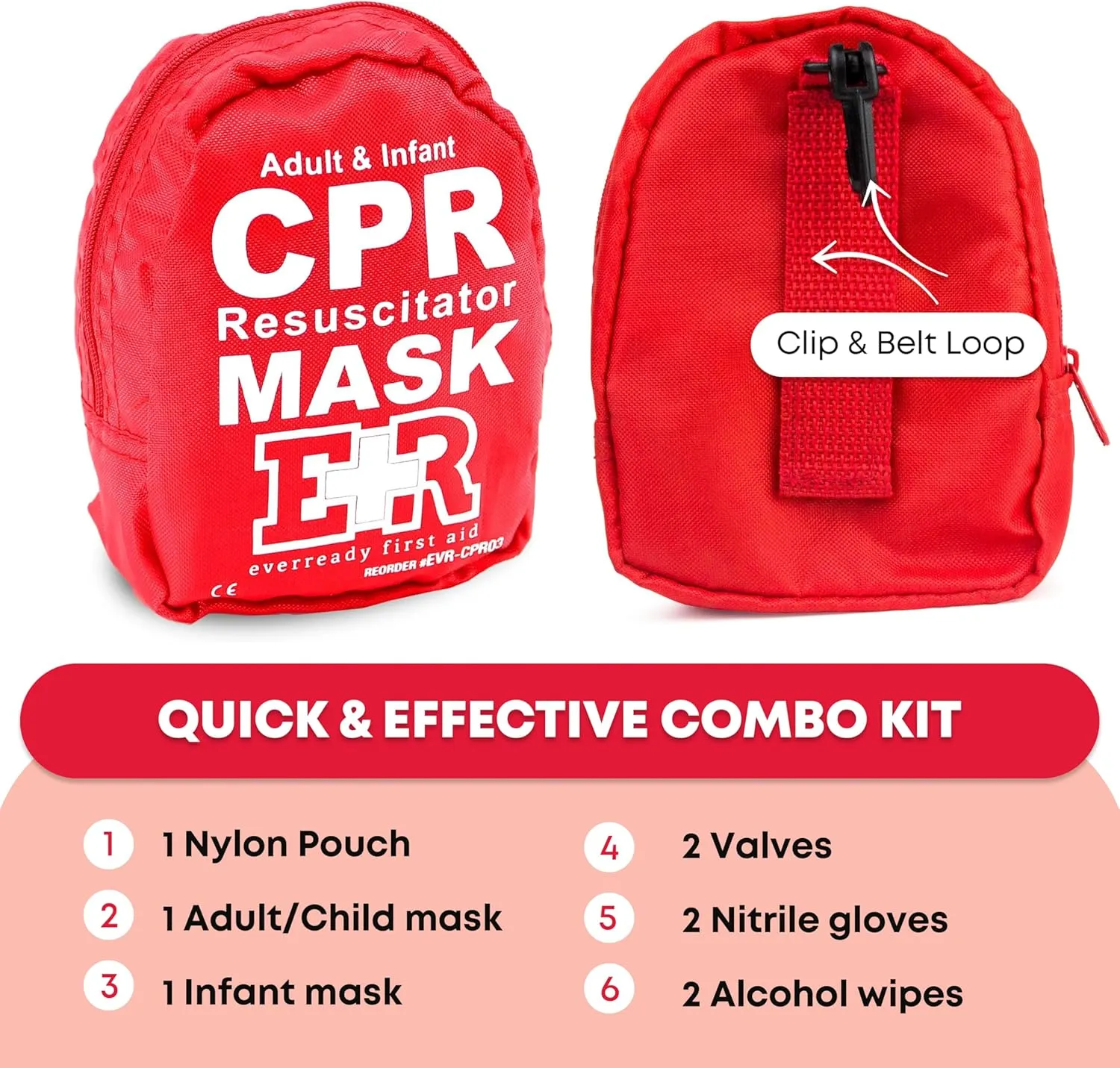 Adult and Infant CPR Mask Combo Kit – 4-Pack – 8 Valves, 4 Gloves, 8 Alcohol Pads – Latex-Free, Portable Pouch for First Responders – FSA/HSA Eligible