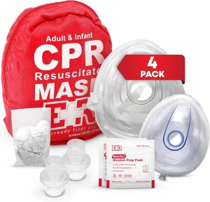 Adult and Infant CPR Mask Combo Kit – 4-Pack – 8 Valves, 4 Gloves, 8 Alcohol Pads – Latex-Free, Portable Pouch for First Responders – FSA/HSA Eligible