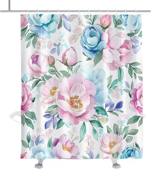 Aesthetic Peony Floral Shower Curtain Watercolor Flower Rose Design Leaves Luxury Shower Curtains Spring Botanical Flowers Plant Bath Curtains with Hooks 72" W x 84" H