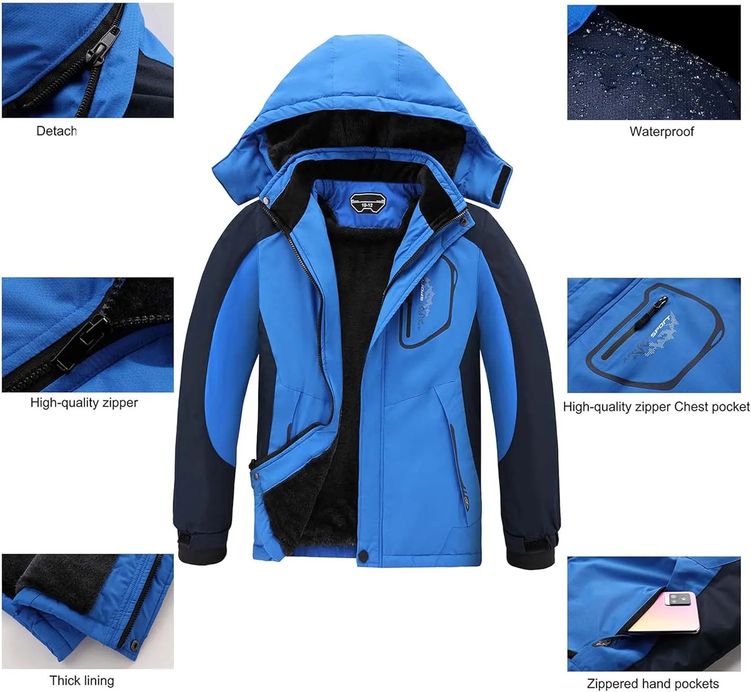 AFILOK Boy's Ski Jacket Waterproof Breathable Kids Fleece Lined Windproof Hooded Snowboard Coats