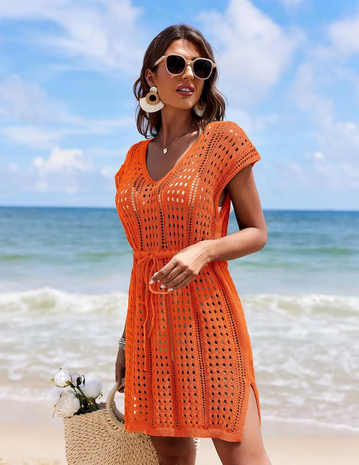 AI'MAGE Women's Crochet Cover Up Hollow Out Swimsuit Coverup V Neck Beachwear with Drawstring S-3XL