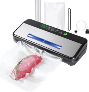 Air Sealing Food Vacuum Sealer Machine with One-Touch Easy Option for Food Preservation, 9-in-1 Moist/Dry/Puls/Vac/Seal Modes Vacuum Sealer with Bag*5, Roll*1