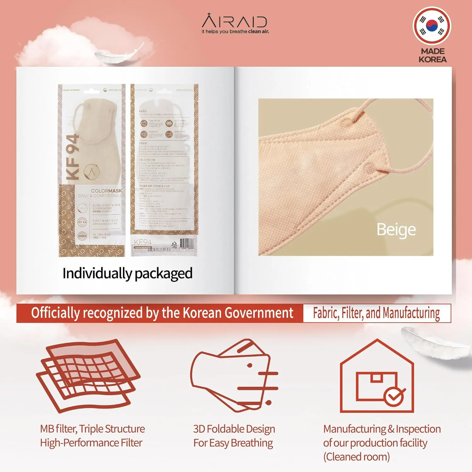 AIRAID-KF94 [Individually Wrapped] - Made in Korea, 3D Multicolor Packs, Face Protective Mask, Adult and Older Teens (Beige-20P)