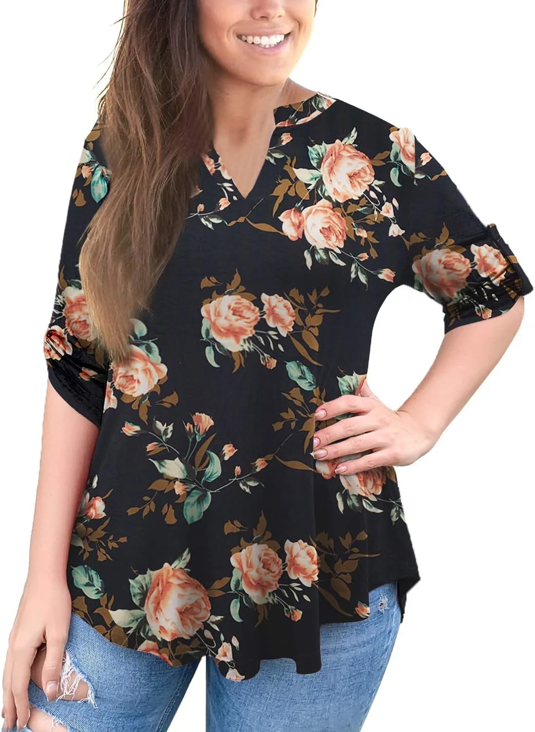 a.Jesdani Women's Plus Size Tops 3/4 Roll Sleeve Shirts V Neck Blouses Tunic Top