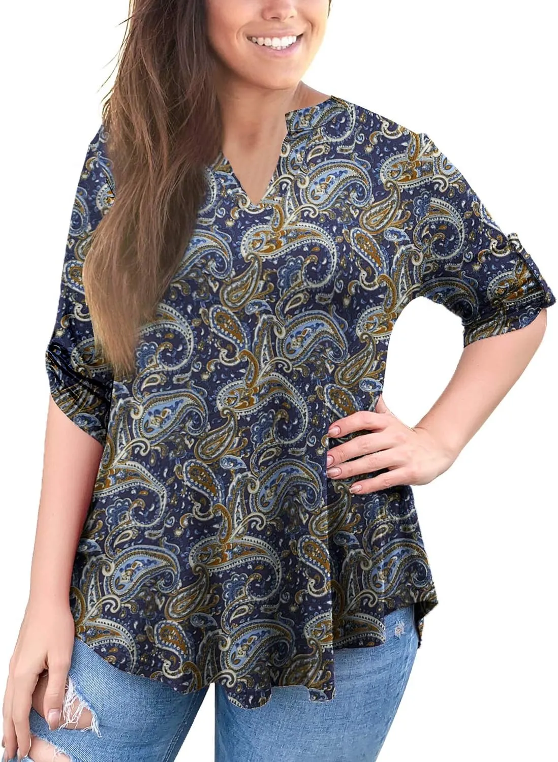 a.Jesdani Women's Plus Size Tops 3/4 Roll Sleeve Shirts V Neck Blouses Tunic Top