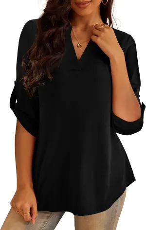 a.Jesdani Women's Plus Size Tops 3/4 Roll Sleeve Shirts V Neck Blouses Tunic Top