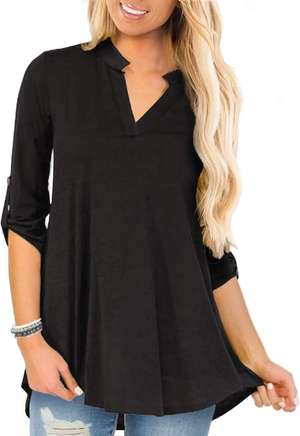 a.Jesdani Women's Plus Size Tops 3/4 Roll Sleeve Shirts V Neck Blouses Tunic Top