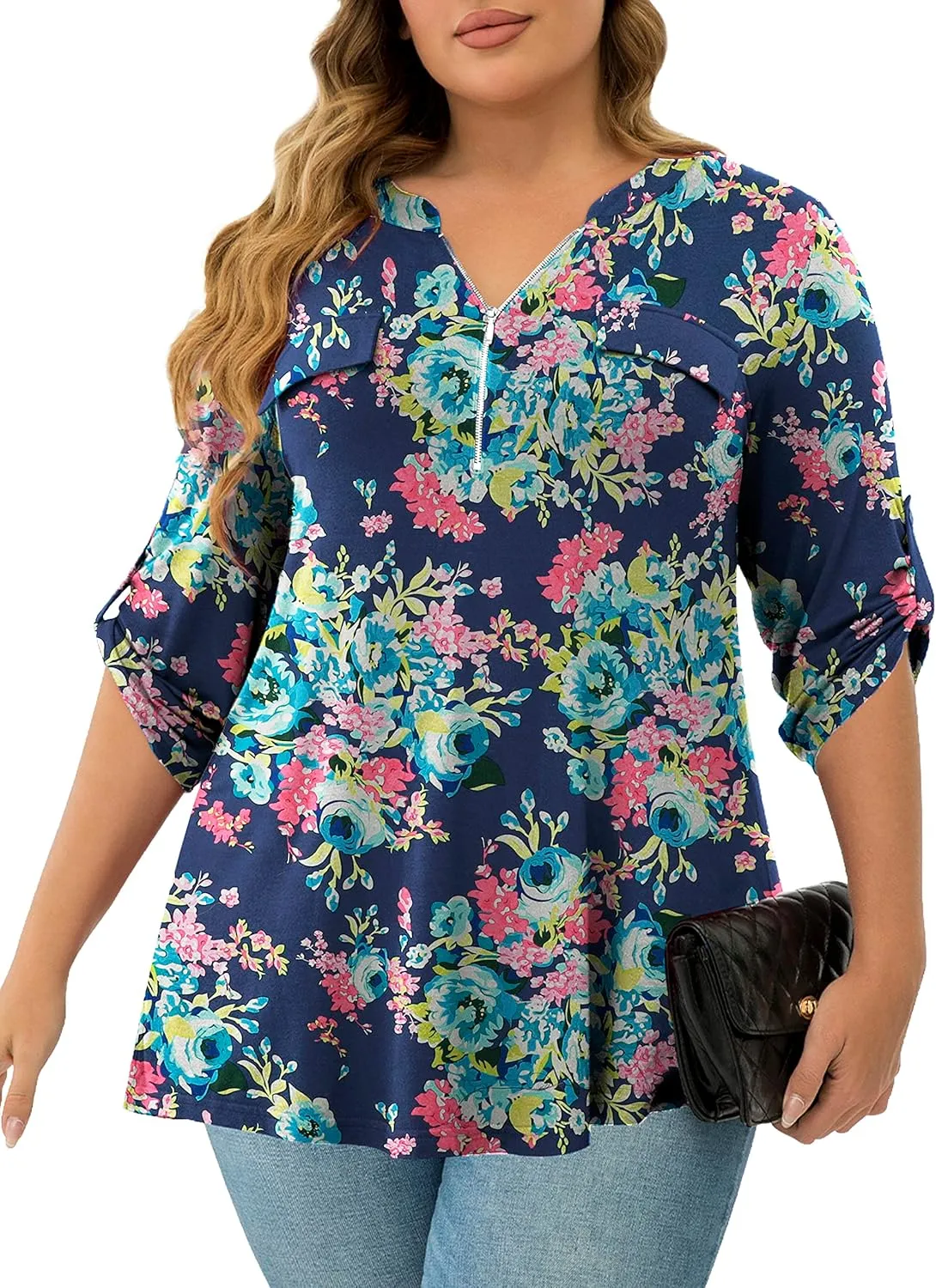 a.Jesdani Women's Plus Size Tops 3/4 Roll Sleeve Shirts V Neck Blouses Tunic Top