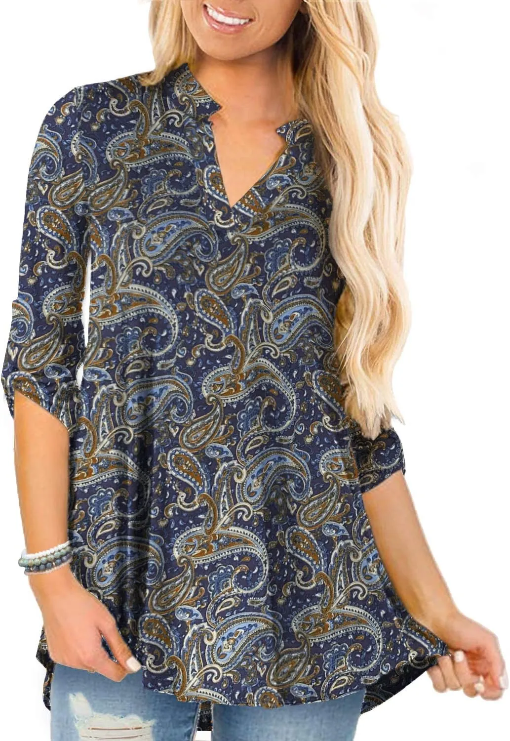 a.Jesdani Women's Plus Size Tops 3/4 Roll Sleeve Shirts V Neck Blouses Tunic Top