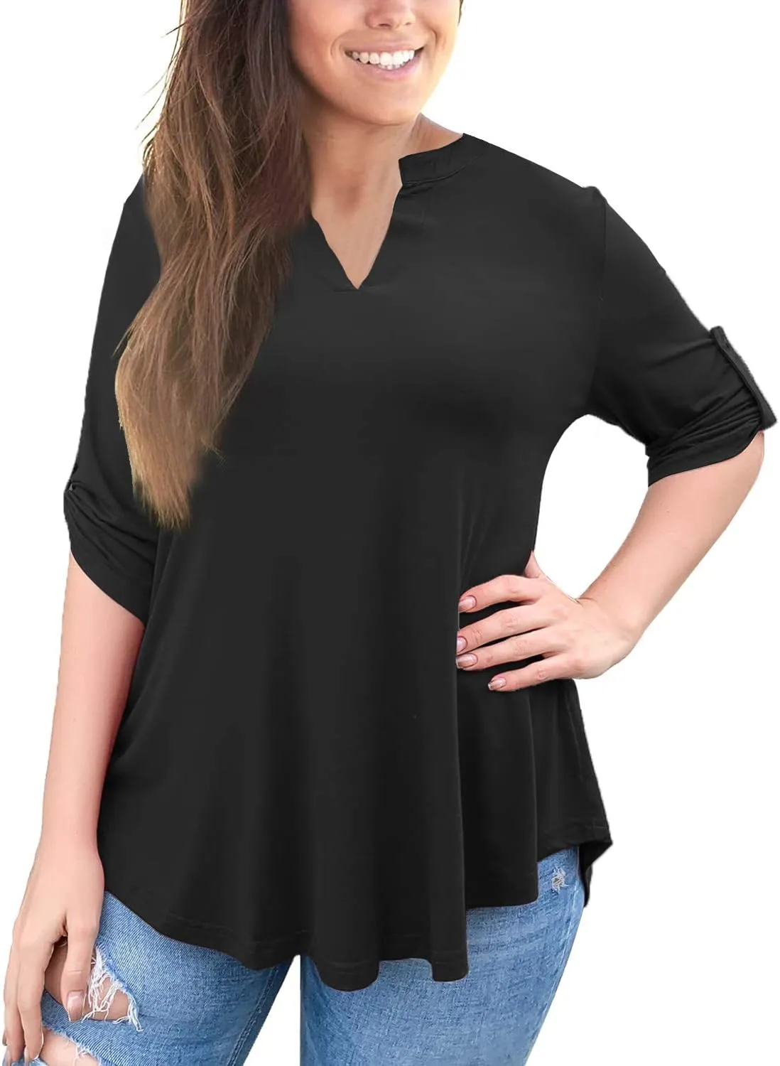 a.Jesdani Women's Plus Size Tops 3/4 Roll Sleeve Shirts V Neck Blouses Tunic Top